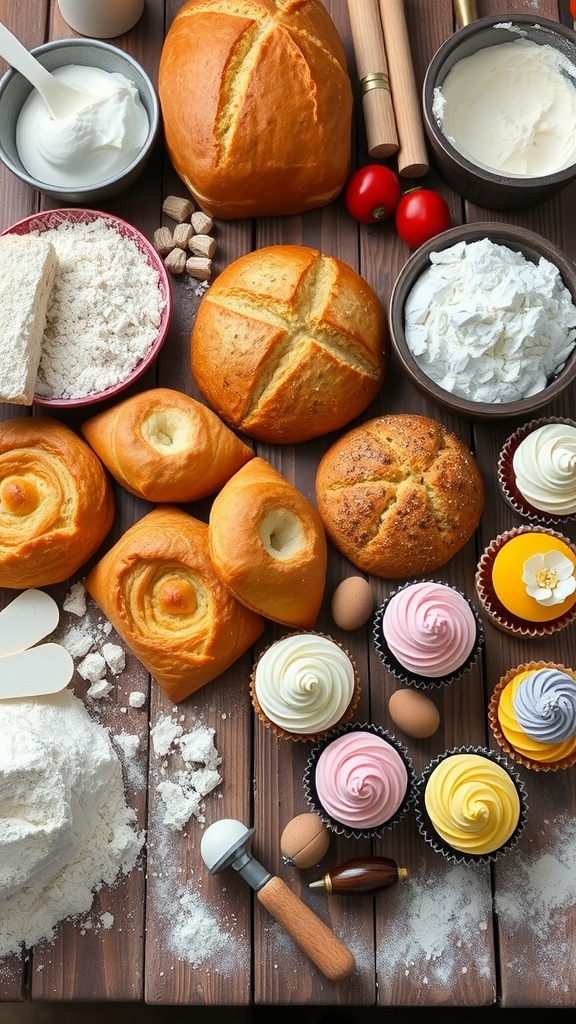 An assortment of baked goods including pastries, bread, and cupcakes on a wooden table.